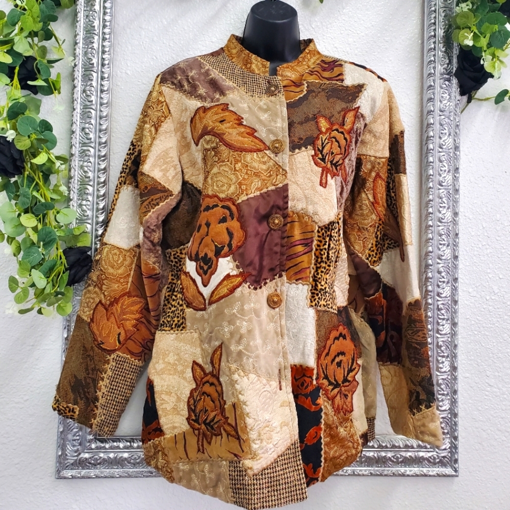Indigo Moon Gold Brown Tan Leopard Floral Multi Print Jacket Size Large